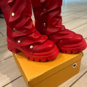 Red Chunky Boots with Gold Accents
